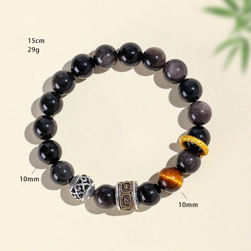 Buddha Stones Silver Sheen Obsidian Tiger Eye Om Mani Padme Hum Protection Bracelet