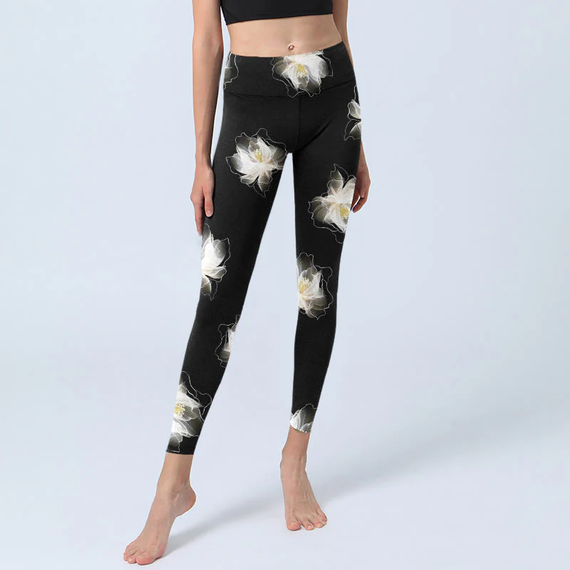Buddha Stones Black White Lotus Petals Pattern Print Gym Leggings Women's Yoga Pants