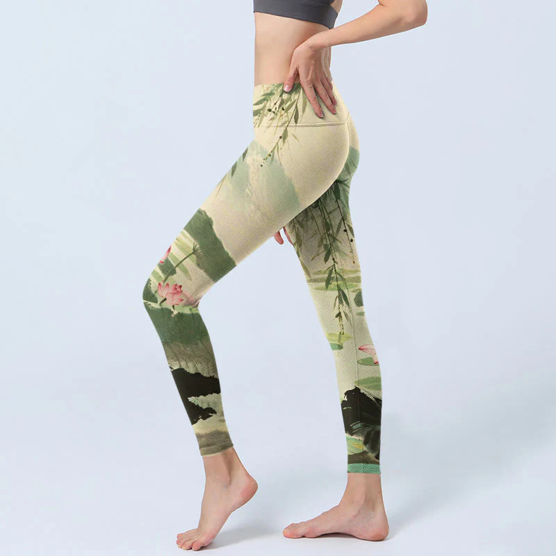 Buddha Stones Pink Lotus Flower Lotus Leaves Willow Branch Pattern Print Gym Leggings Women's Yoga Pants