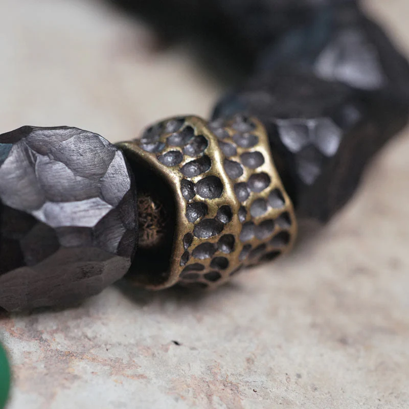 Buddha Stones Tibet Ebony Wood Copper Peace Tassel Wrist Mala Bracelet