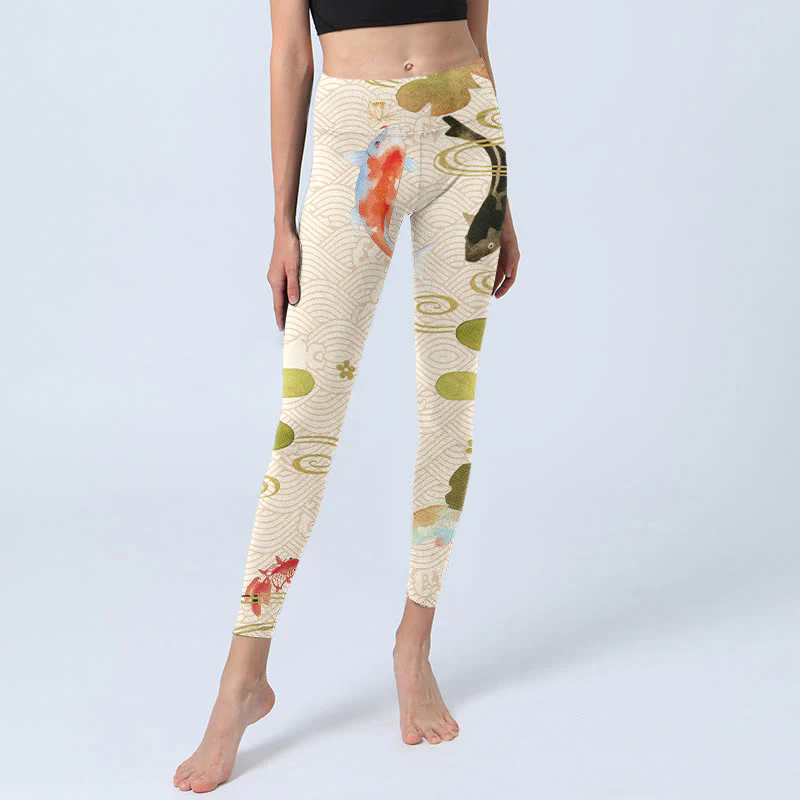 Buddha Stones Koi Fish Lotus Leaves Print Gym Leggings Women's Yoga Pants