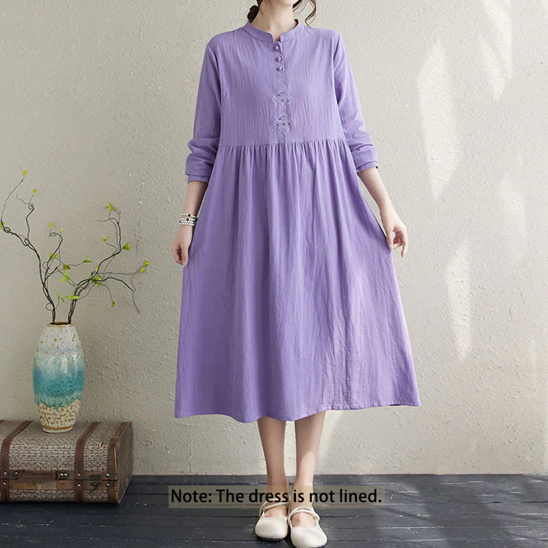 Buddha Stones Fall Ethnic Embroidery Cotton Linen Midi Dress With Pockets