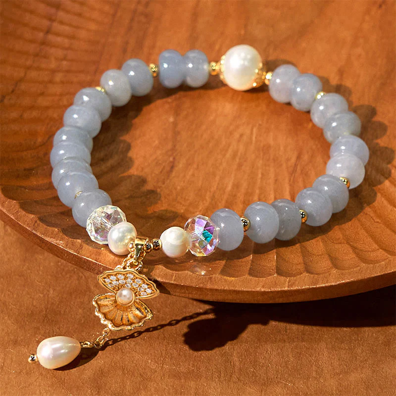Buddha Stones Natural Aquamarine Pearl Shell Healing Bead Bracelet