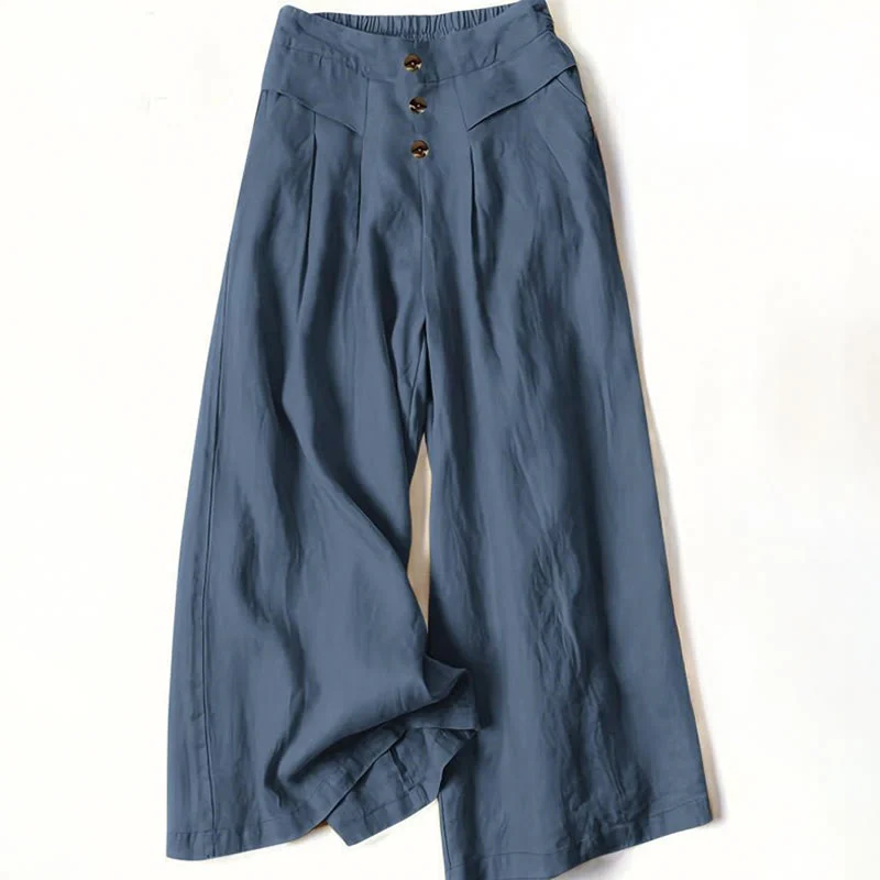 Buddha Stones Retro Casual High Waist Cotton Women's Wide Leg Pants With Pockets