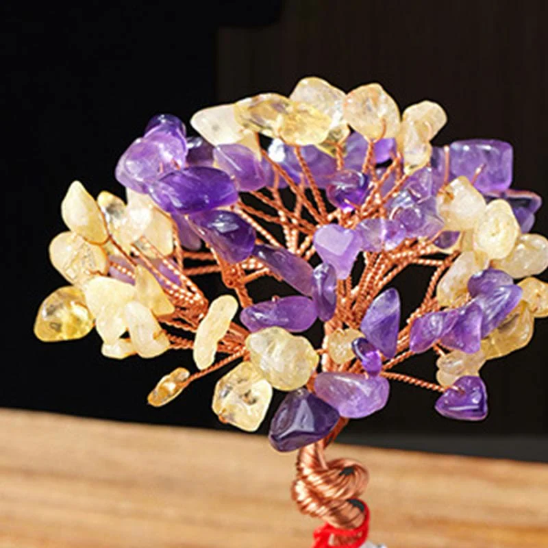 Buddha Stones Citrine Amethyst Green Aventurine Crystal Tree Ceramic Base Prosperity Home Decoration