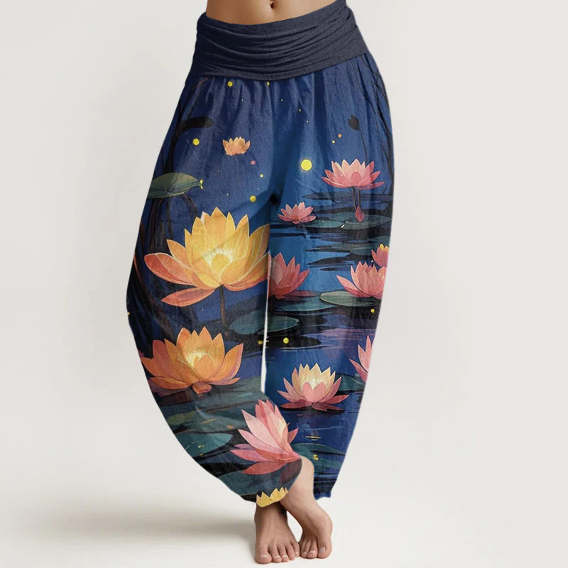 Buddha Stones Casual Peaceful Nighttime Lotus Pattern Women's Elastic Waist Harem Pants