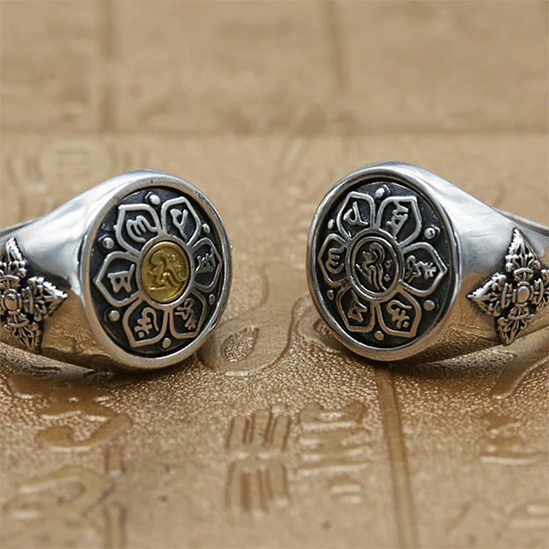 Buddha Stones Tibetan Om Mani Padme Hum Vajra Pattern Copper Focus Rotatable Ring