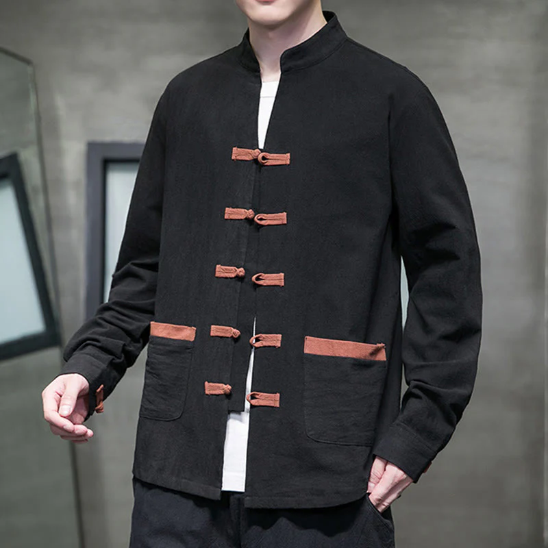 Buddha Stones Men's Stand Collar Frog-button Cotton Linen Long Sleeve Shirt With Pockets