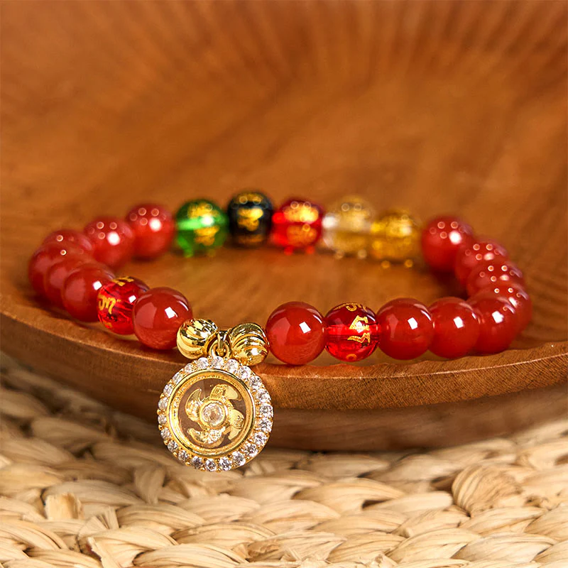 Buddha Stones Red Agate Om Mani Padme Hum Five Directions Gods of Wealth Zircon Cyclone Charm Self-acceptance Bracelet