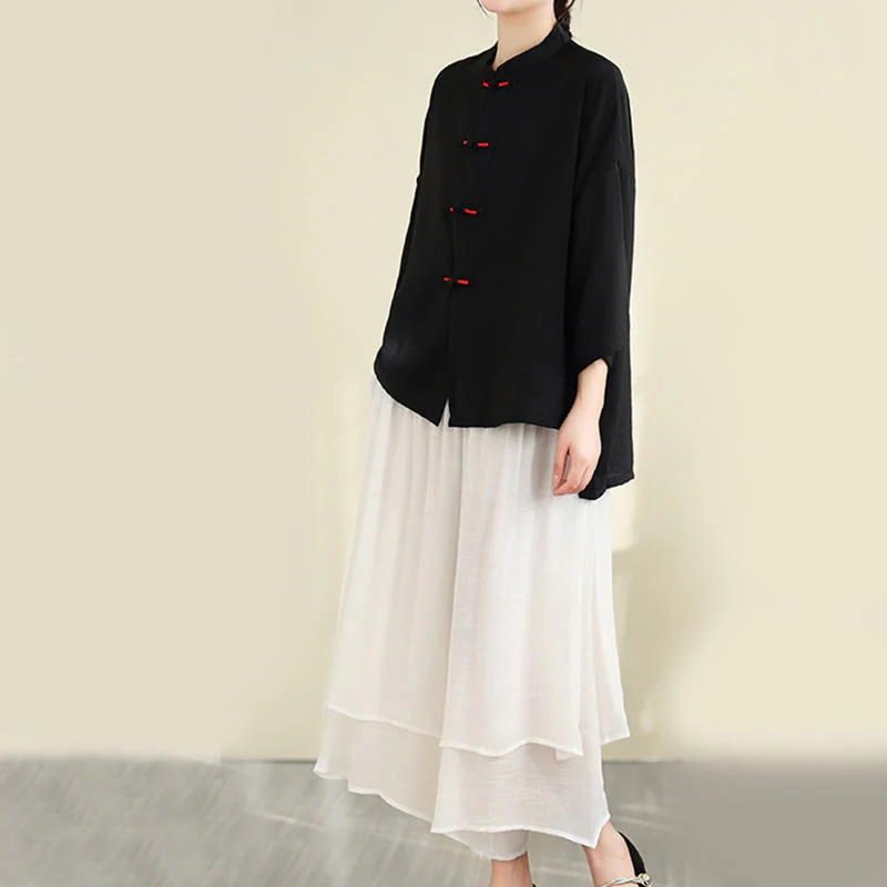 Buddha Stones 2pcs Casual Women's Frog Button Shirt Loose Pants Meditation Clothing Set