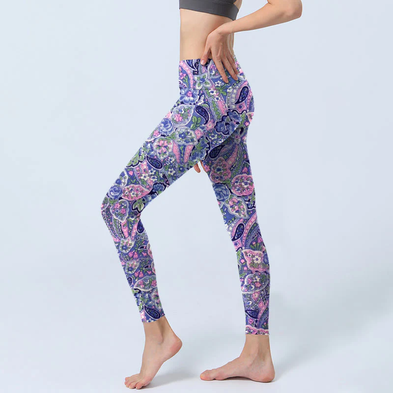 Buddha Stones Purple Pink Cashew Flower Print Gym Fitness Leggings Women's Yoga Pants