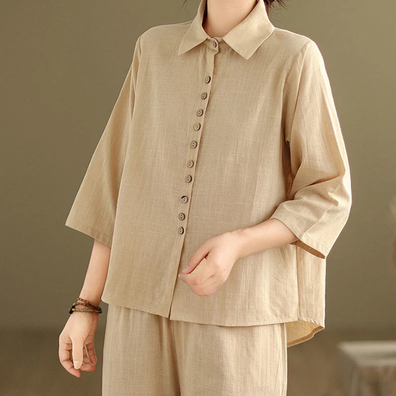 Buddha Stones 2pcs Casual Women's Stand Collar Shirt Loose Pants Meditation Clothing Set