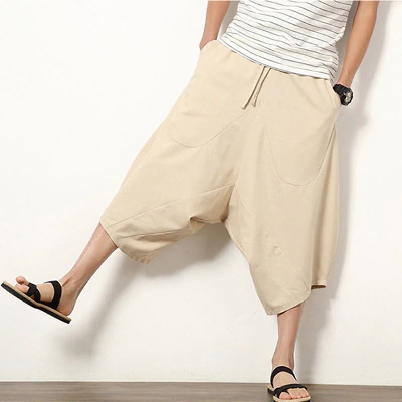 Buddha Stones Spring Plain Simple Patchwork Design Drawstring Cotton Linen Men's 7-8 Length Wide Leg Pants With Pockets