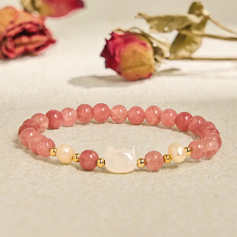 Buddha Stones Strawberry Quartz Pearl Cat Rabbit Healing Bracelet
