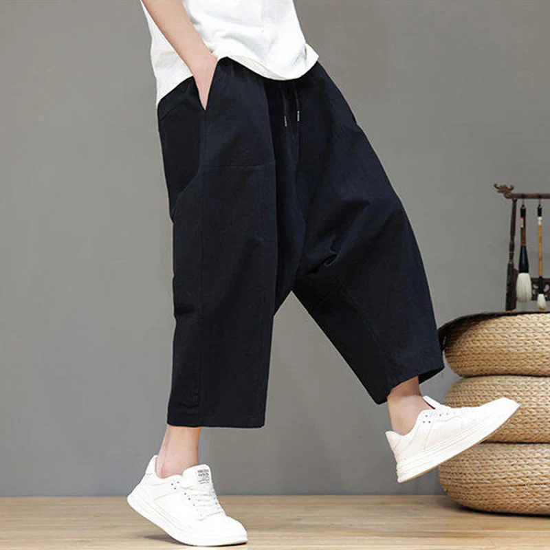 Buddha Stones Casual Plain Low Crotch Design Drawstring Men's Cotton Elastic Waistband Wide Leg Pants With Pockets