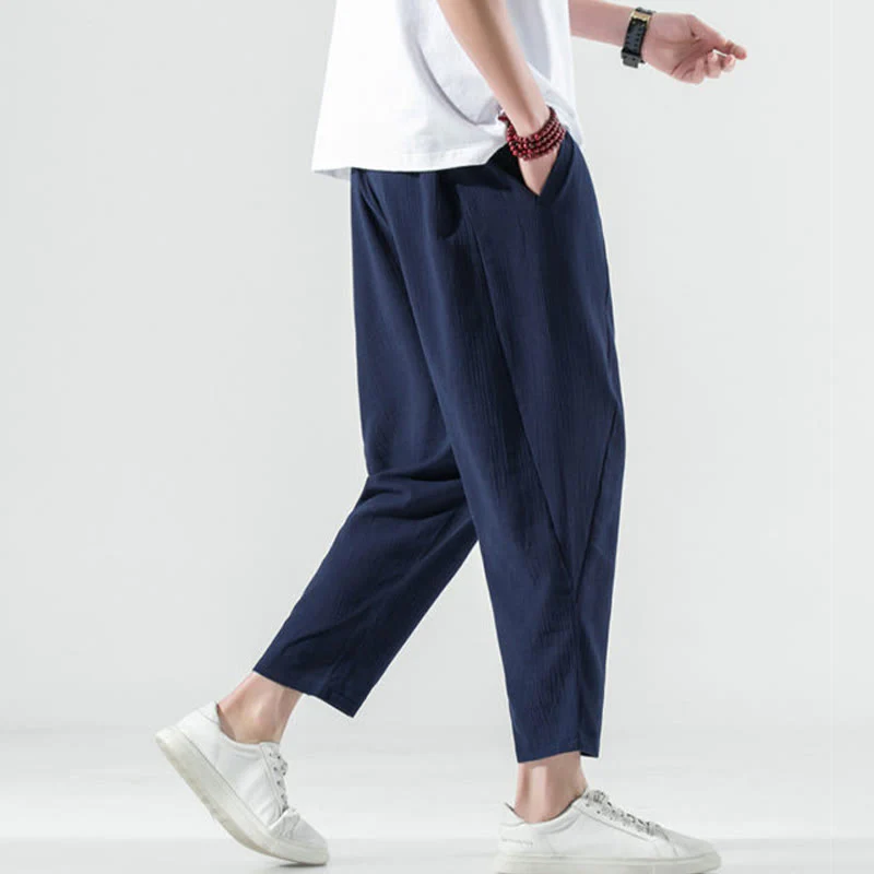 Buddha Stones Casual Plain Pleated Design Drawstring Men's Long Cotton Linen Harem Pants With Pockets