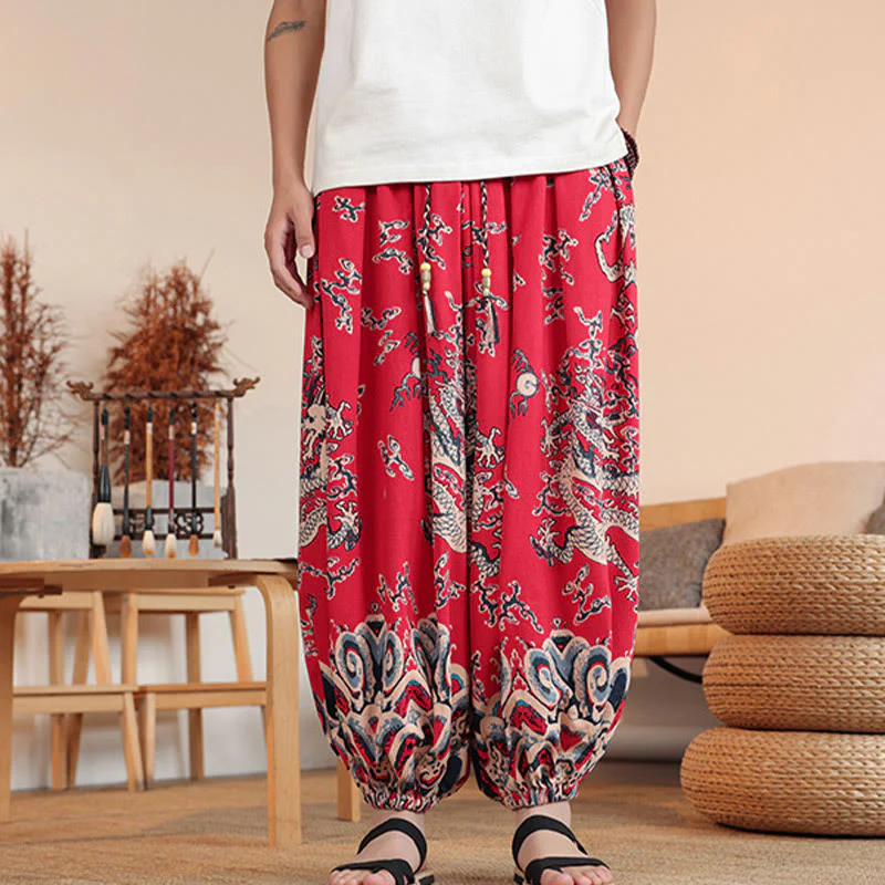 Buddha Stones Dragon Print Cotton Men's Harem Ankle-Length Pants With Pockets