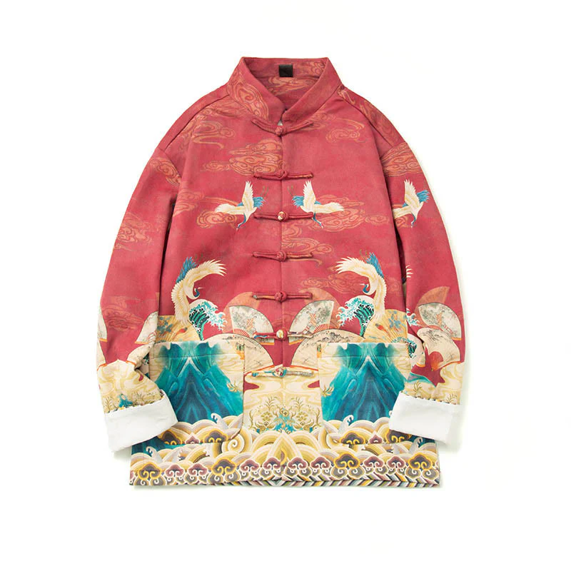 Buddha Stones Frog-Button Chinese Tang Suit Crane Character Long Shirt Cotton Suede Men Jacket Clothing
