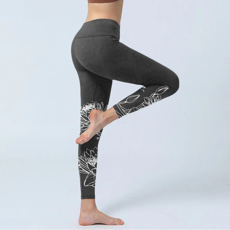 Buddha Stones White Sketch Lotus Flowers Leaves Print Gym Leggings Women's Yoga Pants