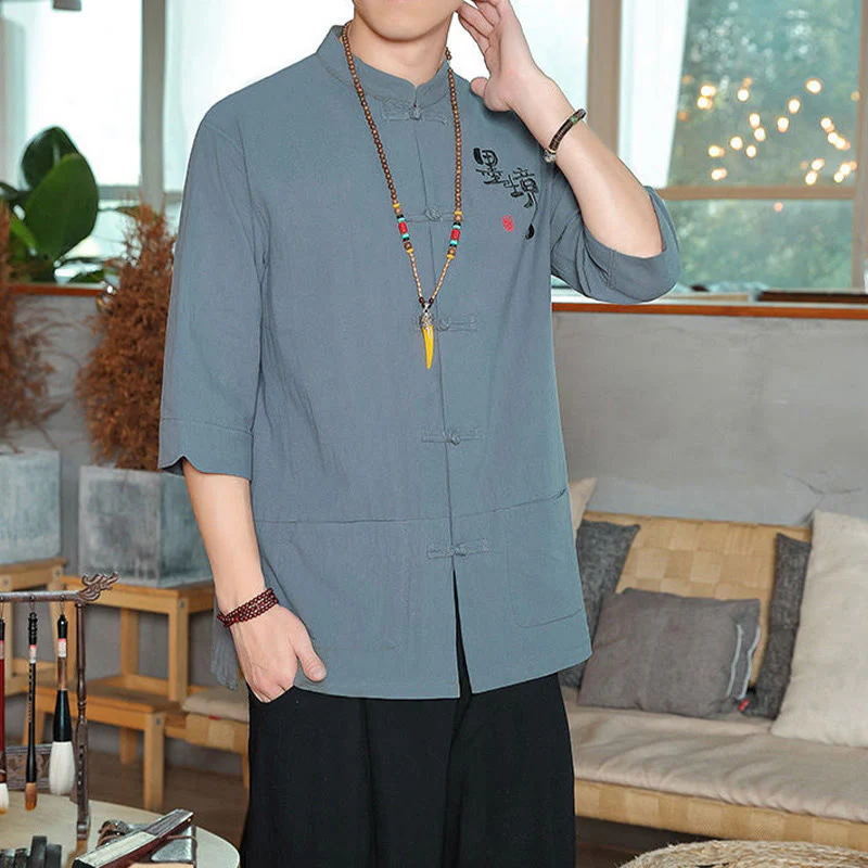 Buddha Stones Frog-Button Chinese Tang Suit Three Quarter Sleeve Cotton Linen Men's Shirt