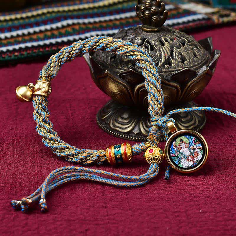 Buddha Stones Tibetan Handmade Luck Protection Thangka Prayer Wheel Bell Charm Braid String Bracelet