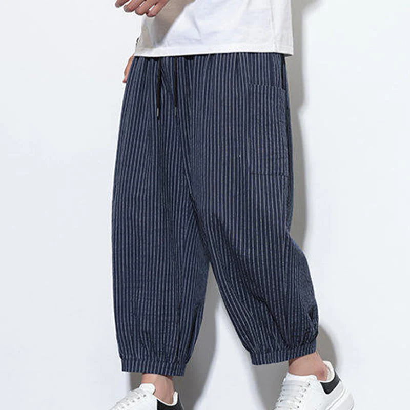 Buddha Stones Casual Striped Men's Cotton 7-8 Length Harem Pants With Pockets