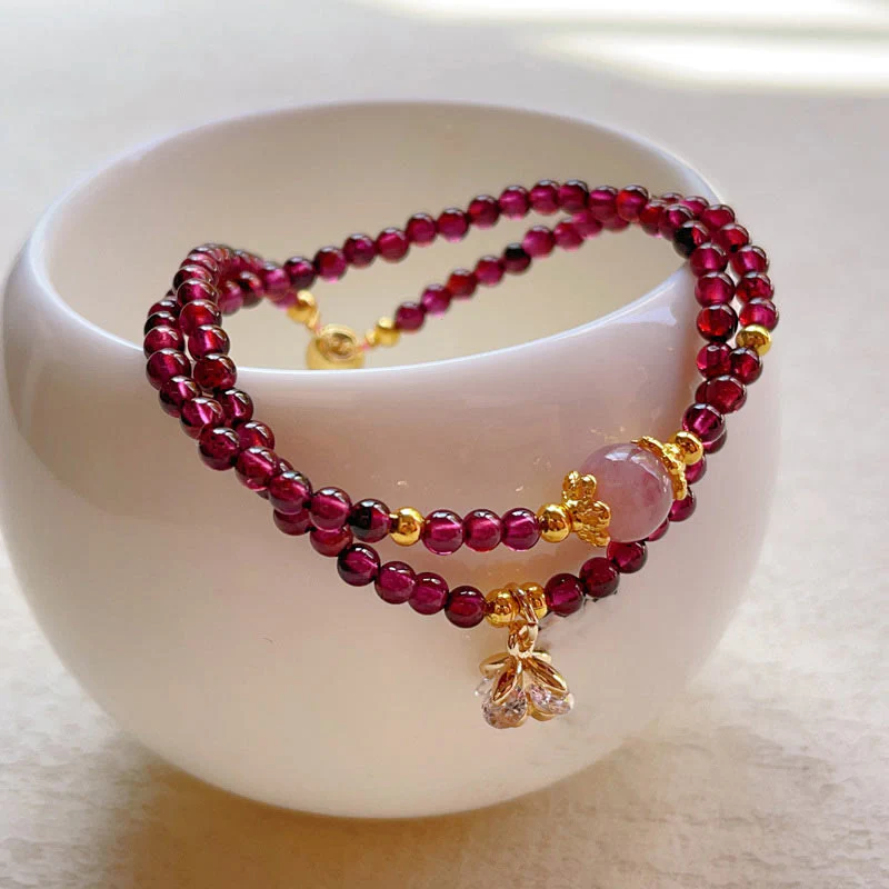 Buddha Stones Natural Flower Garnet Pink Crystal Calm Double Wrap Bracelet