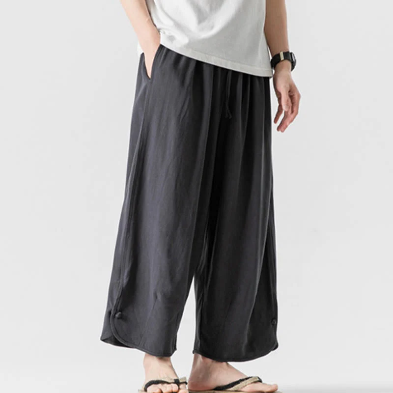 Buddha Stones Casual Loose Frog-Button Plain Men's Cotton Linen 7-8 Length Pants With Pockets