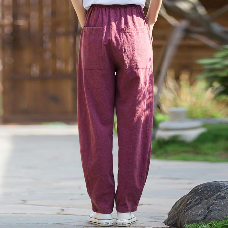 Buddha Stones Casual Ramie Linen Cotton Yoga Pants With Pockets
