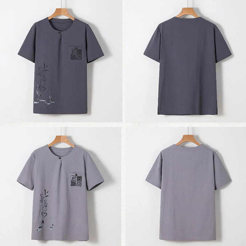 Buddha Stones 2Pcs Chinese Characters Crane Cotton Shirt Pants With Pockets Men's Meditation Cloth Set