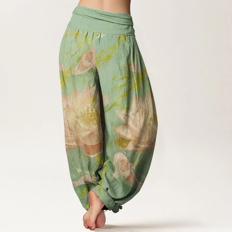 Buddha Stones Casual Lotus Flower Koi Fish Pattern Women's Harem Pants