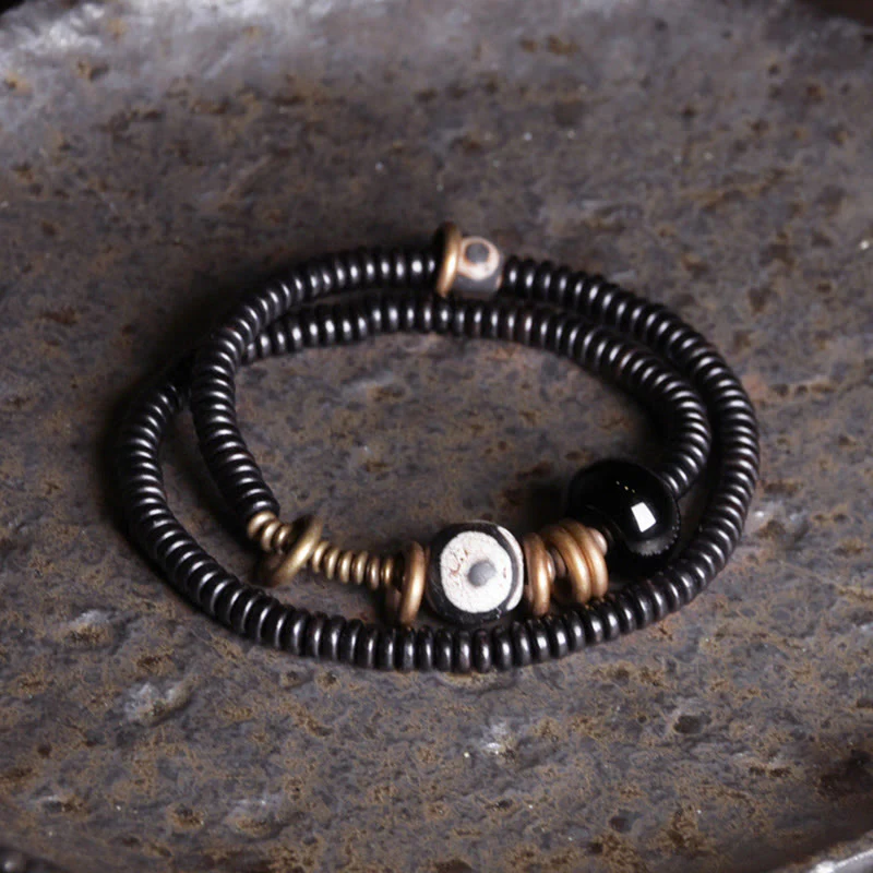 Buddha Stones Ebony Wood Green Sandalwood Copper Brass Dzi Bead Black Onyx Calm Double Wrap Bracelet