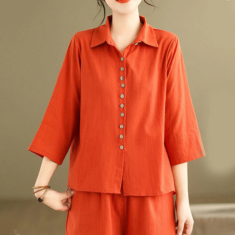 Buddha Stones 2pcs Casual Women's Stand Collar Shirt Loose Pants Meditation Clothing Set