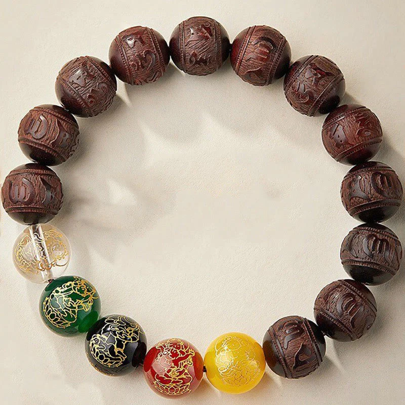 Buddha Stones Small Leaf Red Sandalwood Five Directions Gods of Wealth Calm Bracelet