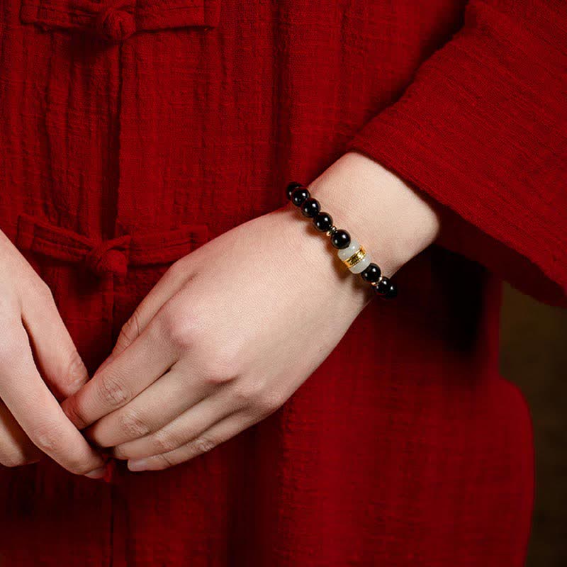 Buddha Stones Black Obsidian Jade Om Mani Padme Hum Strength Couple Magnetic Bracelet