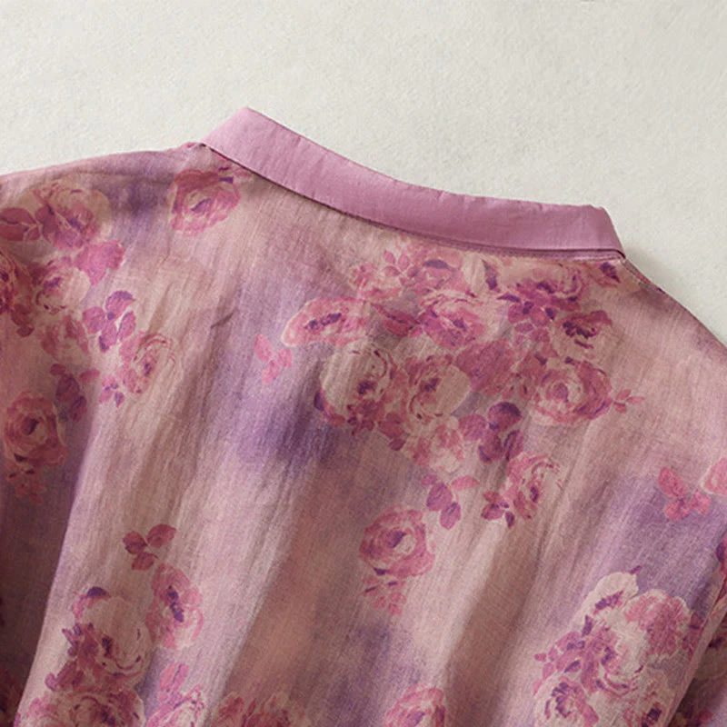 Buddha Stones Retro Printing Buttons Design Drawstring High Waist Cotton Midi Dress With Pockets