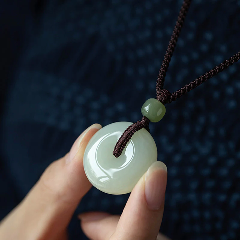 Buddha Stones Natural Round Jade Peace Buckle Luck Prosperity Necklace Pendant
