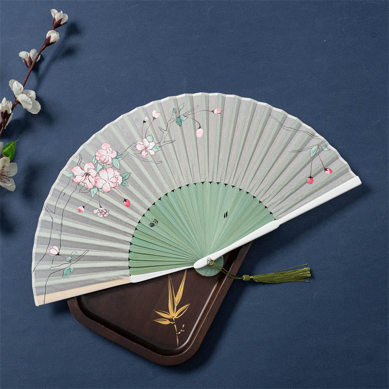 Buddha Stones Lotus Begonia Flower Jasmine Handheld Bamboo Folding Fan 21cm