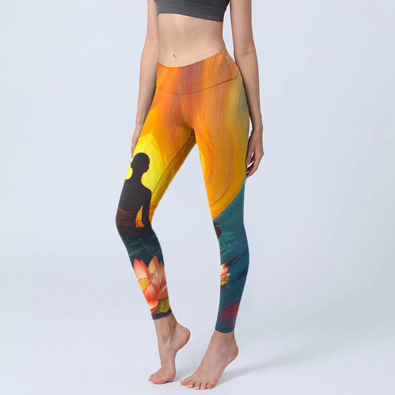 Buddha Stones Meditating Figure Lotus Flower Print Gym Leggings Women's Yoga Pants