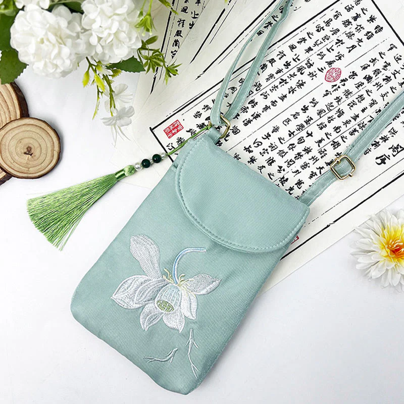 Buddha Stones Small Embroidered Flowers Crossbody Bag Shoulder Bag Double Layer Cellphone Bag