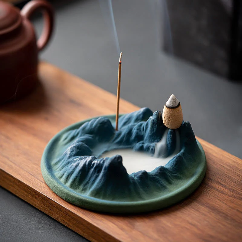 Buddha Stones Creative Mountain River Ceramic Healing Backflow Incense Burner