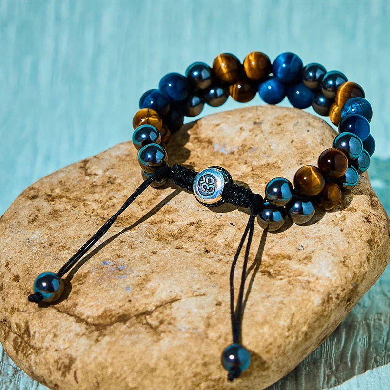 Buddha Stones Natural Blue Tiger Eye Black Magnetite Om Pattern Double Row Beads Strength Bracelet