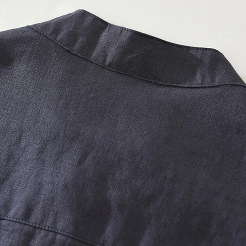 Buddha Stones Summer Half Buttons Design Lapel Men's Short Sleeve Linen Shirt With Pocket