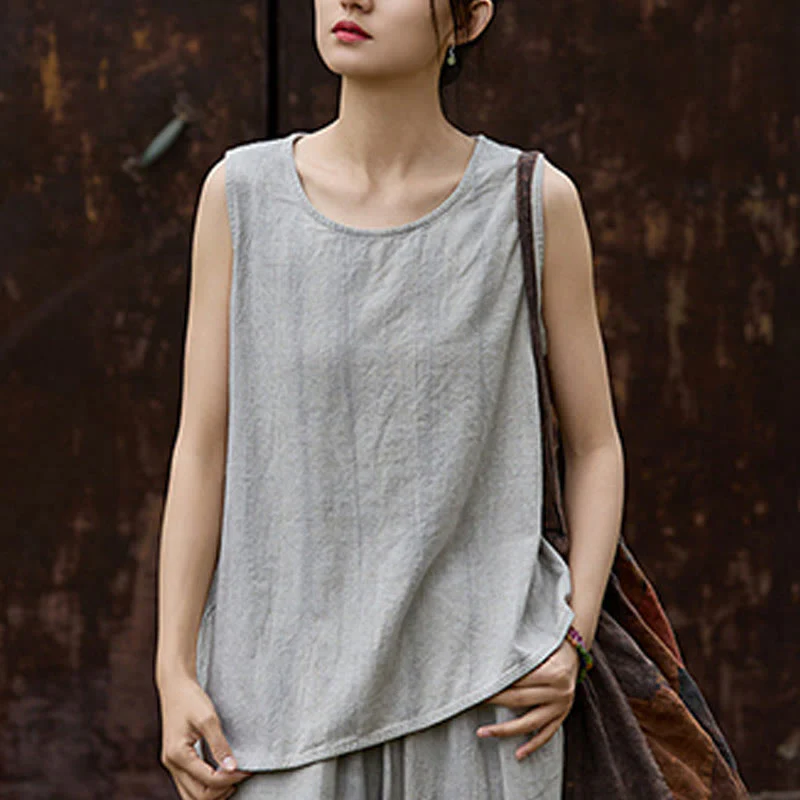 Buddha Stones Summer Tie-dye Linen Crew Neck Sleeveless Women's Vest