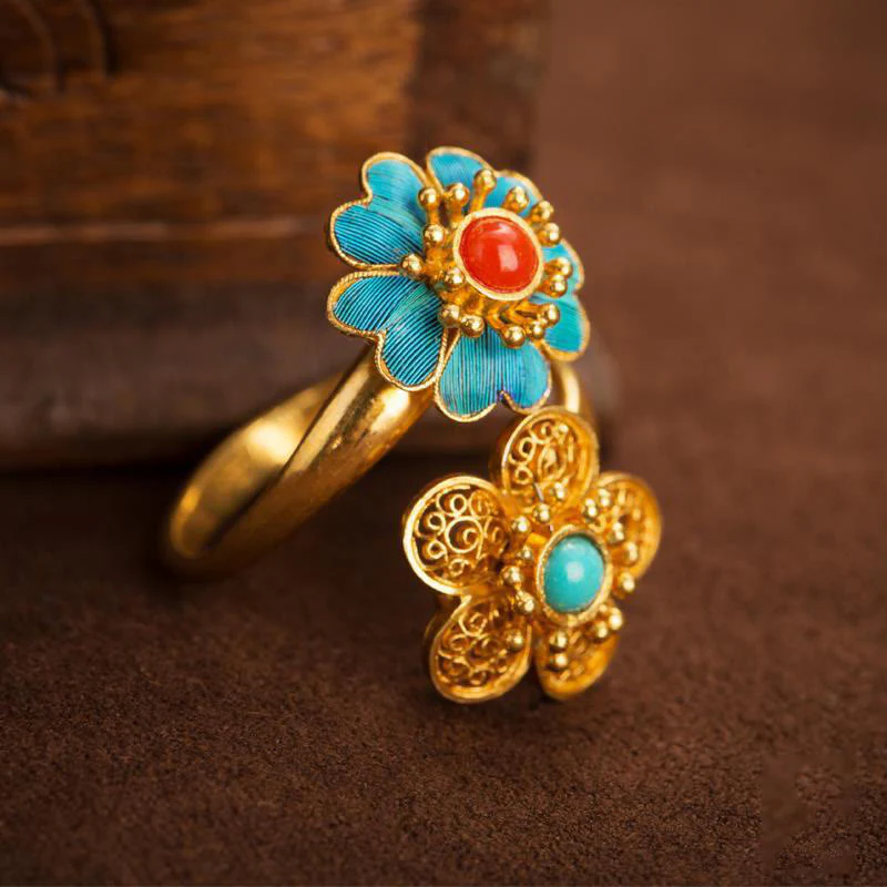 Buddha Stones Double Petals Copper Dripping Turquoise Wealth Ring