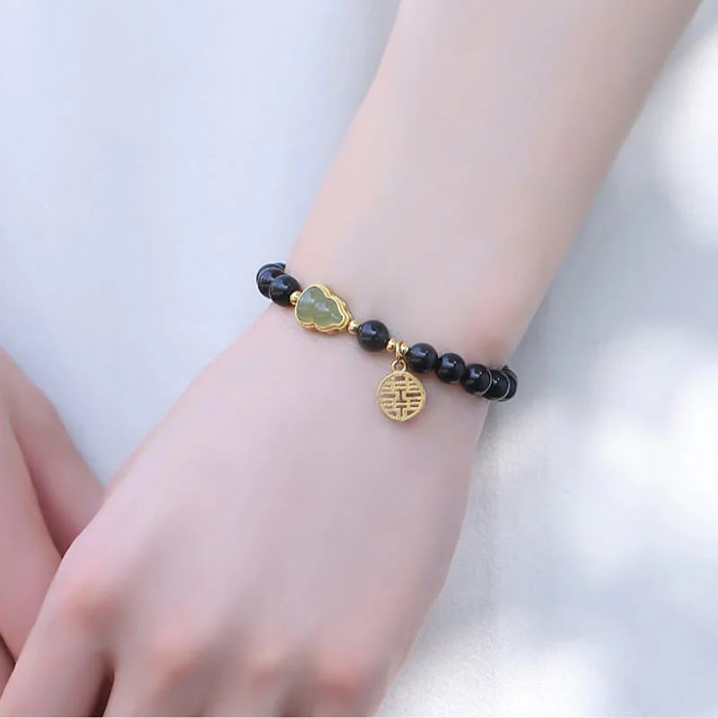 Buddha Stones Natural Black Obsidian Hetian Jade Gourd Double Happiness Strength Bracelet