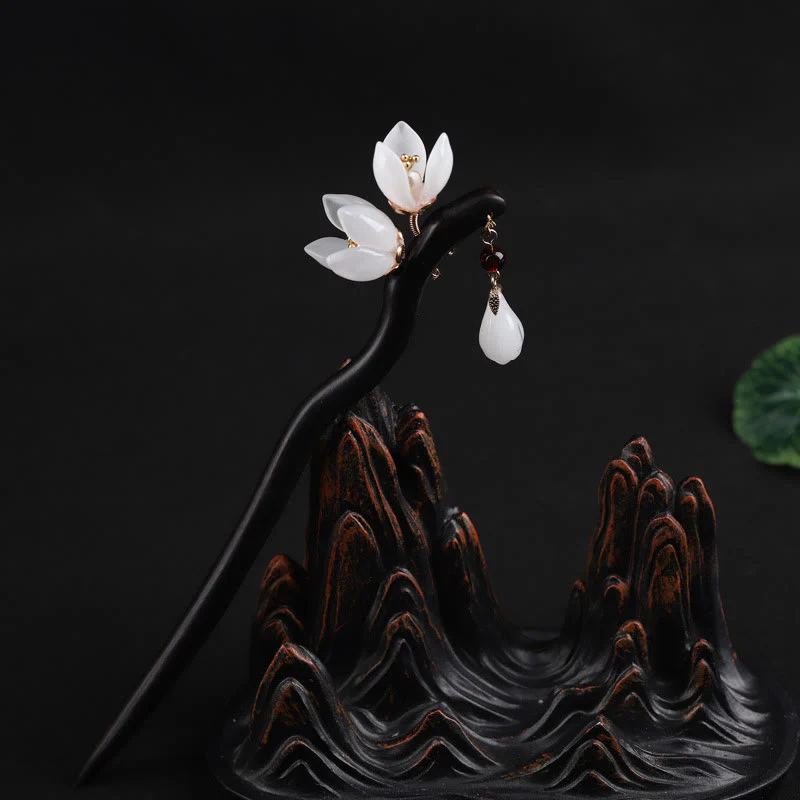 Buddha Stones Ebony Magnolia Flower Petals Blessing Hairpin