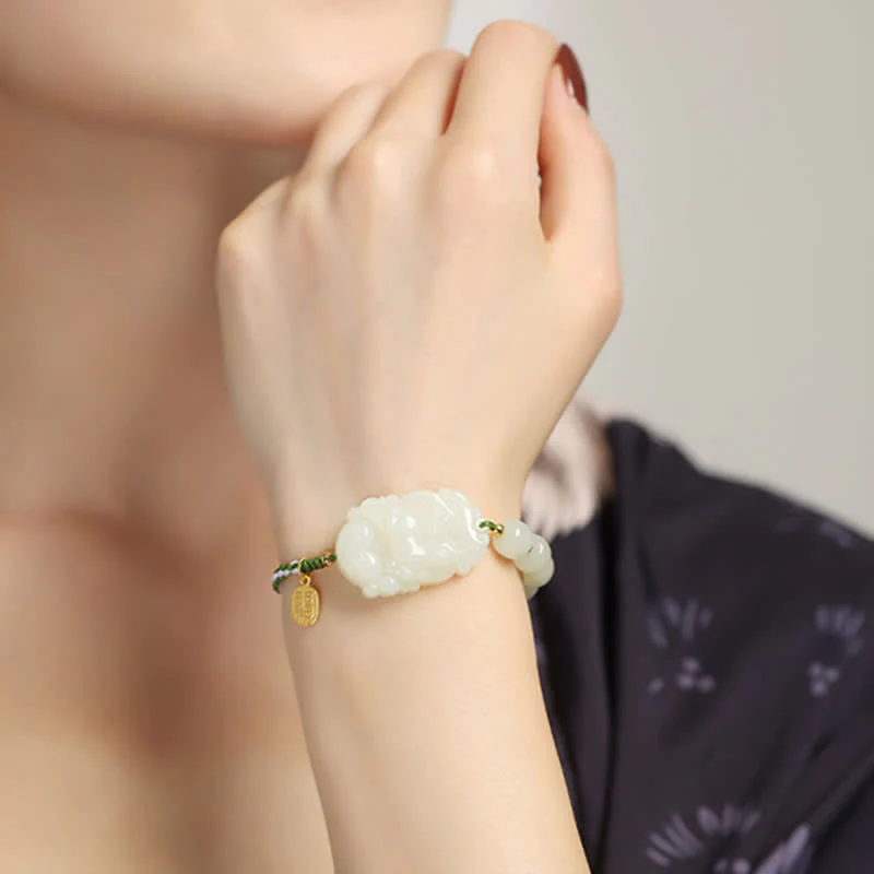 Buddha Stones 925 Sterling Silver Chinese Zodiac Hetian Jade Happiness Luck String Bracelet