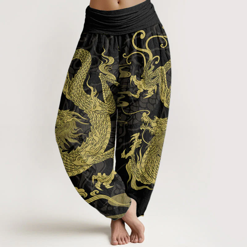 Buddha Stones Pure Cotton Dragon Auspicious Clouds Women's Elastic Waist Harem Pants