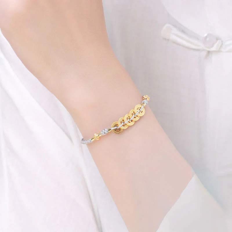 Buddha Stones Copper Coin Fortune Tree Pearl Luck Blue Rope Braided Bracelet